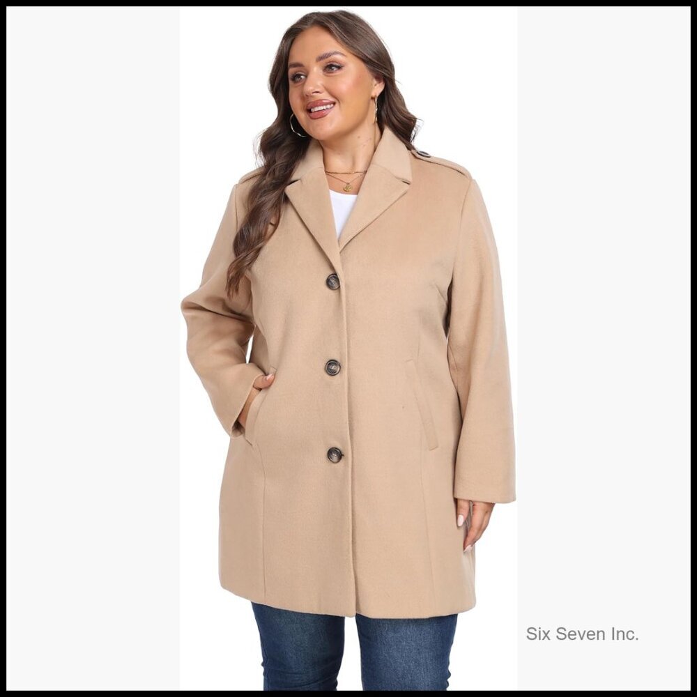 Plus Size Peacoat Jacket with Notched Lapel, Long Sleeve, Button Closure
